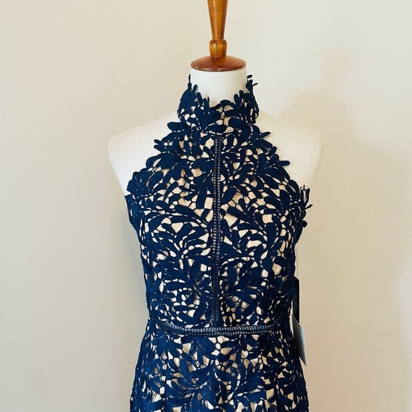 Lulu's Blue Halter Neck Sheath Midi Dress - Picture 4 of 11